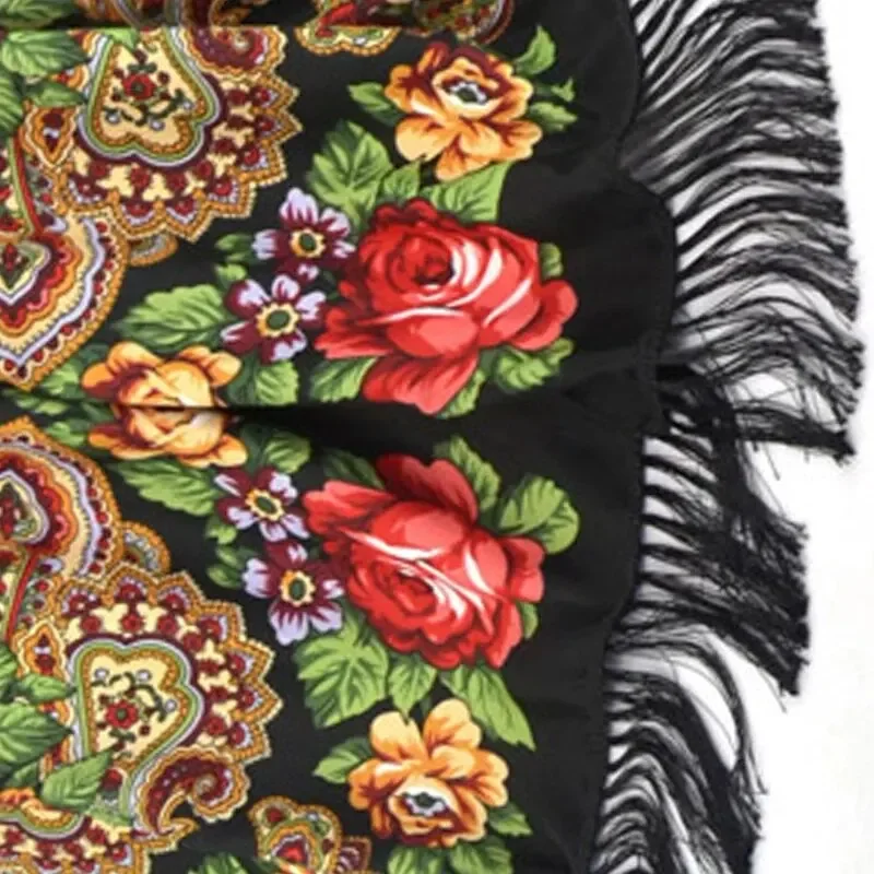 New Flower Print Black Tassel Scarf Vintage Windproof Shawl Women Outdoor Windproof Head Wrap Boho Hijab Turban 170*65cm