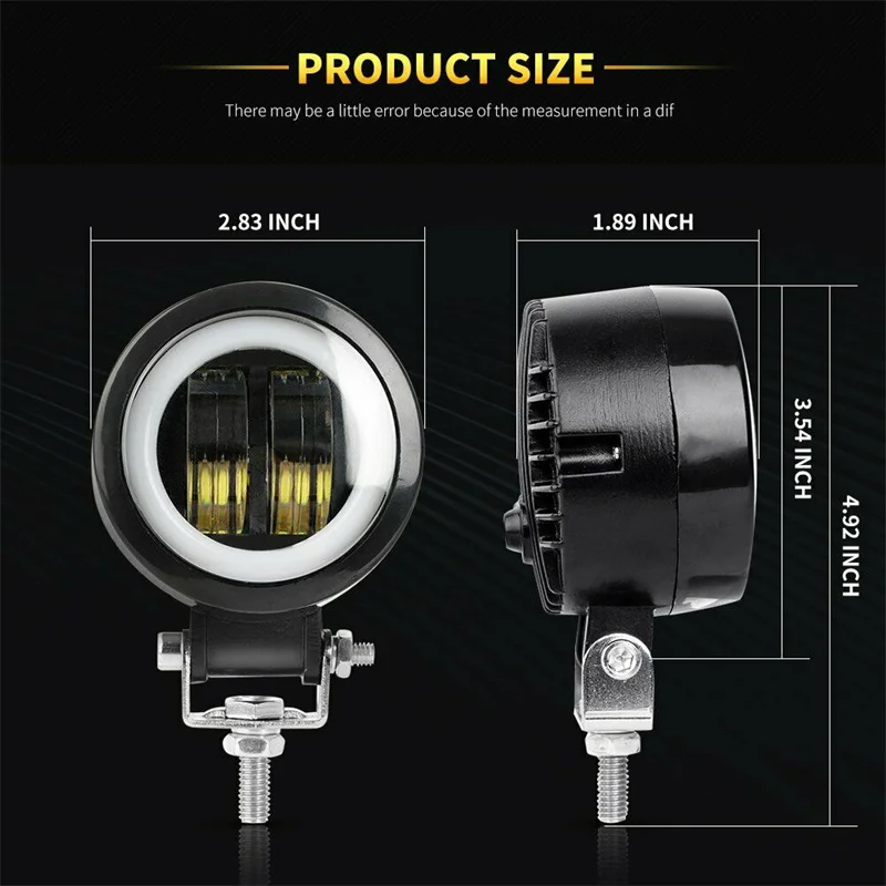 2PCS 3Inch Round Angel Eyes LED light Portable Spotlights 12V 24V Work Lamp Waterproof Motorcycle Offroad Truck Driving Car Boat