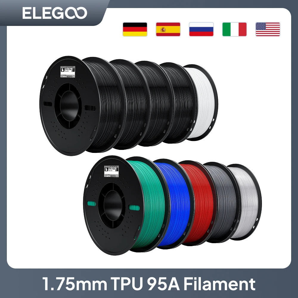 ELEGOO 10KG 1.75mm TPU Filament ±0.02mm Multicolor 95A Hardness High Speed Print 210-240°C per Roll for 3D Printer