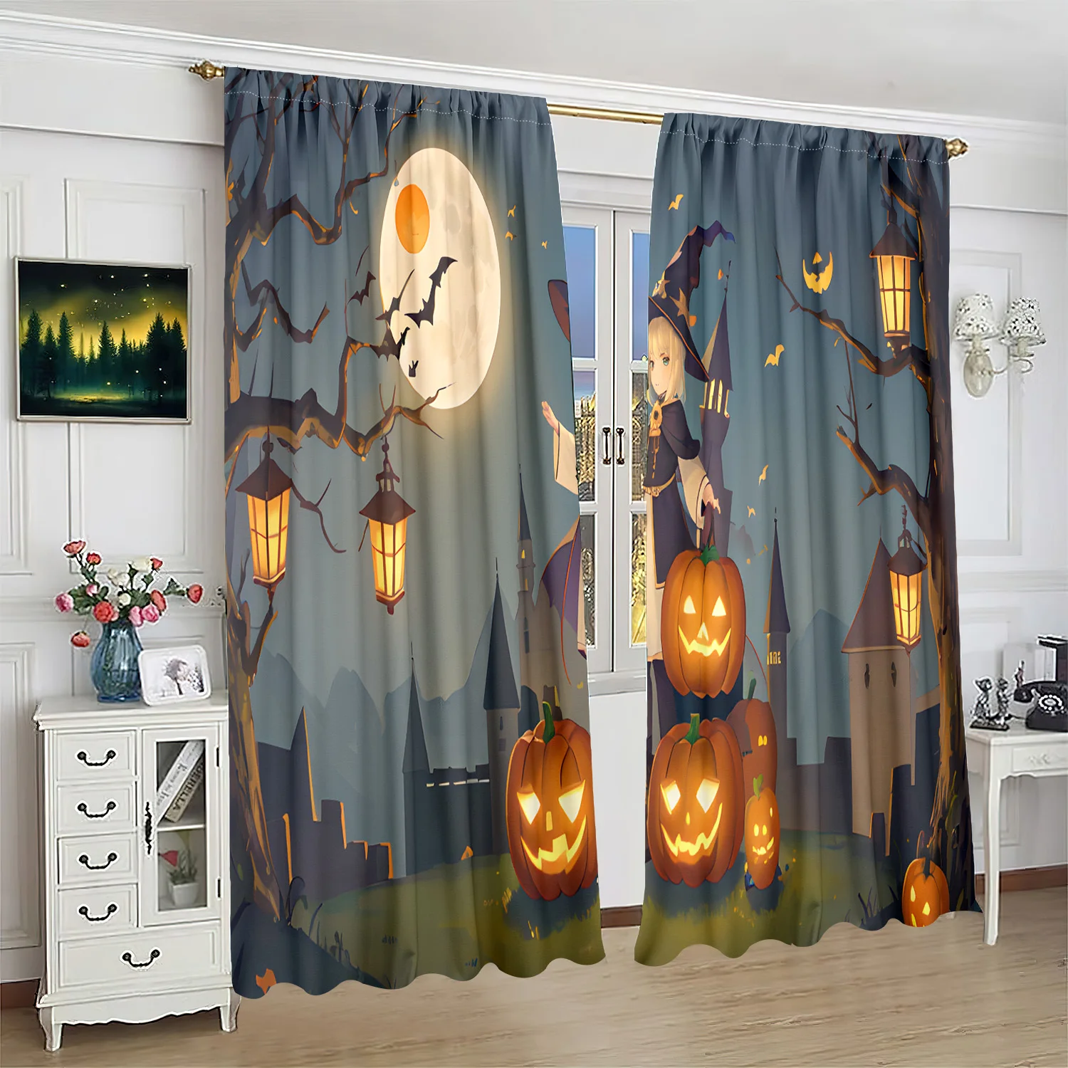 2 pieces - Halloween - Printed curtain - Polyester material - suitable for bedroom, living room, study private curtain