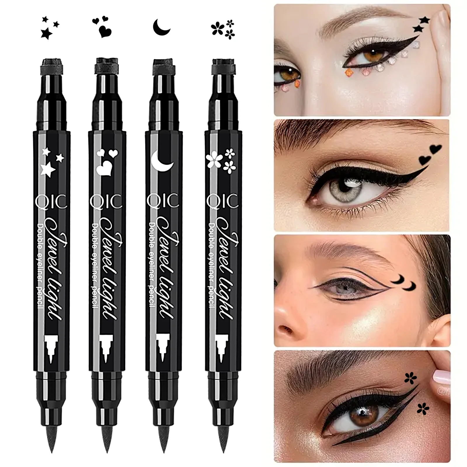 1pcs Liquid Eyeliner Pen Set Dual-Tip Stamps with Black Ink - Includes Heart, Moon, Star Shapes for Eye Makeup, Eyeliner Stamp