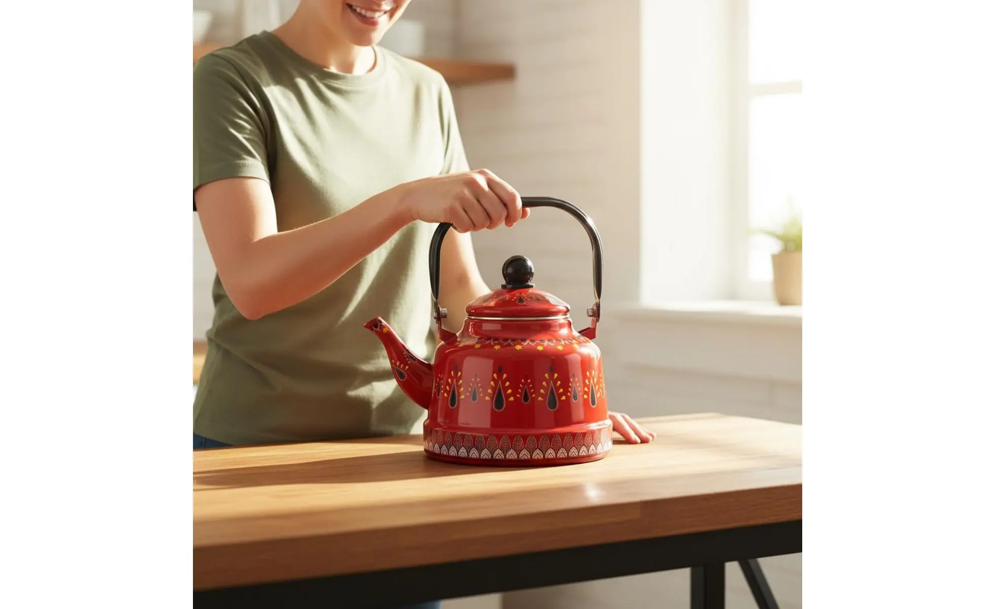 Enamel Stovetop Kettle Easy to Clean Vintage Dome Shaped Water Kettle Patterned Enamel Teapot