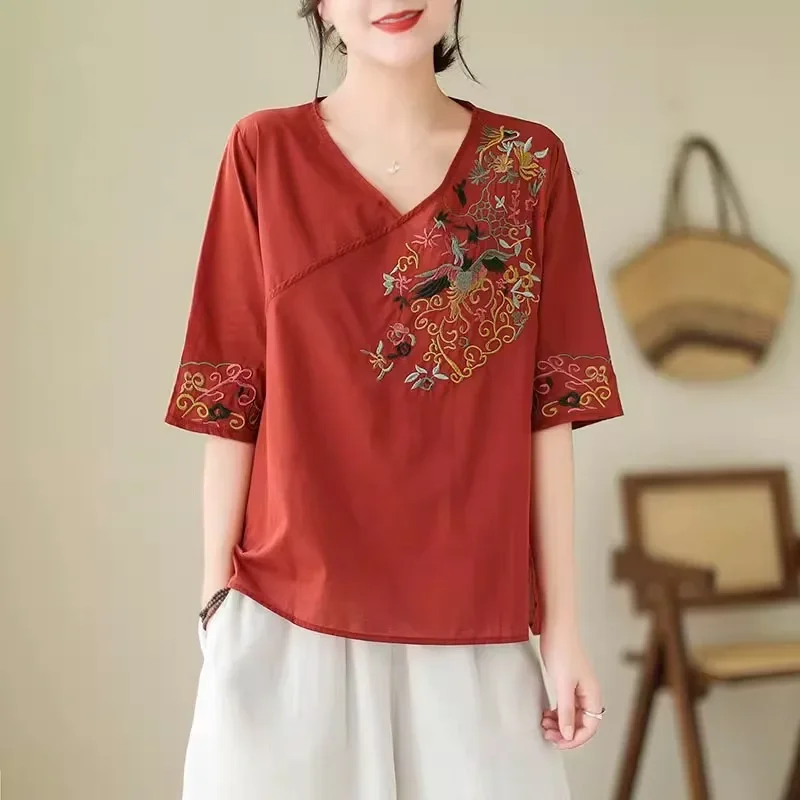 

Chinese Style V-Neck Top Loose Short Sleeve Vintage Solid Color Embroidery Shirt Minimalist Flowy Summer Casual Tees Pullovers