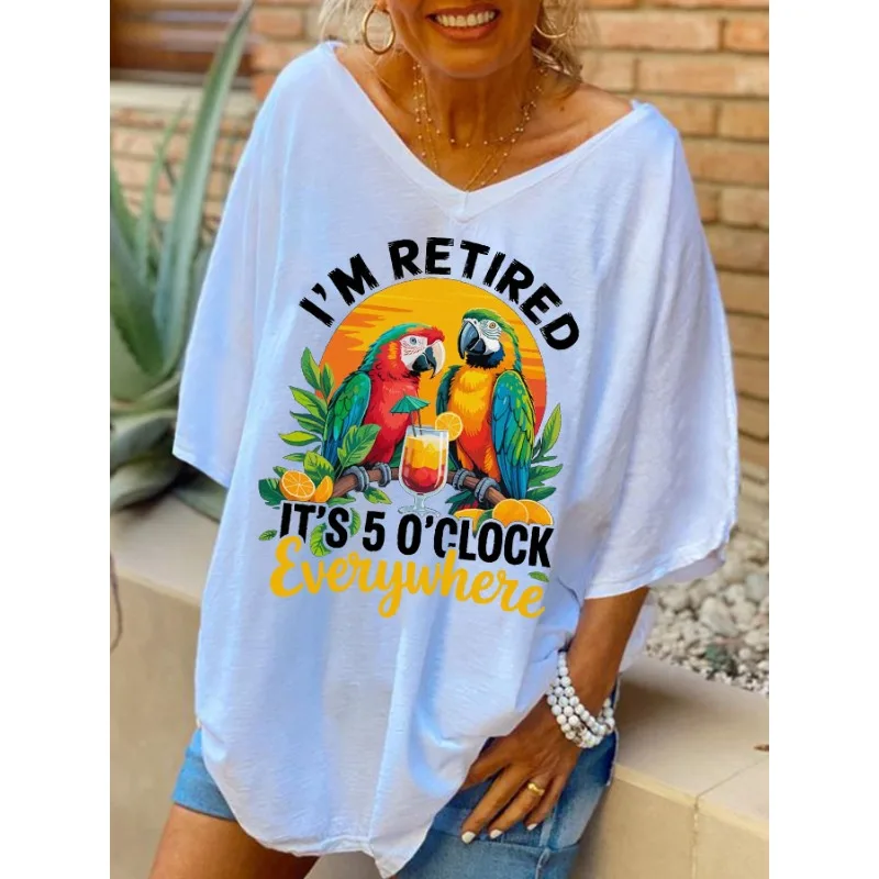 ilstile Women's Parrot Letter Print T-Shirts Summer Music Festival Short Sleeve Casual Loose V Neck Long Tops Black White Tees