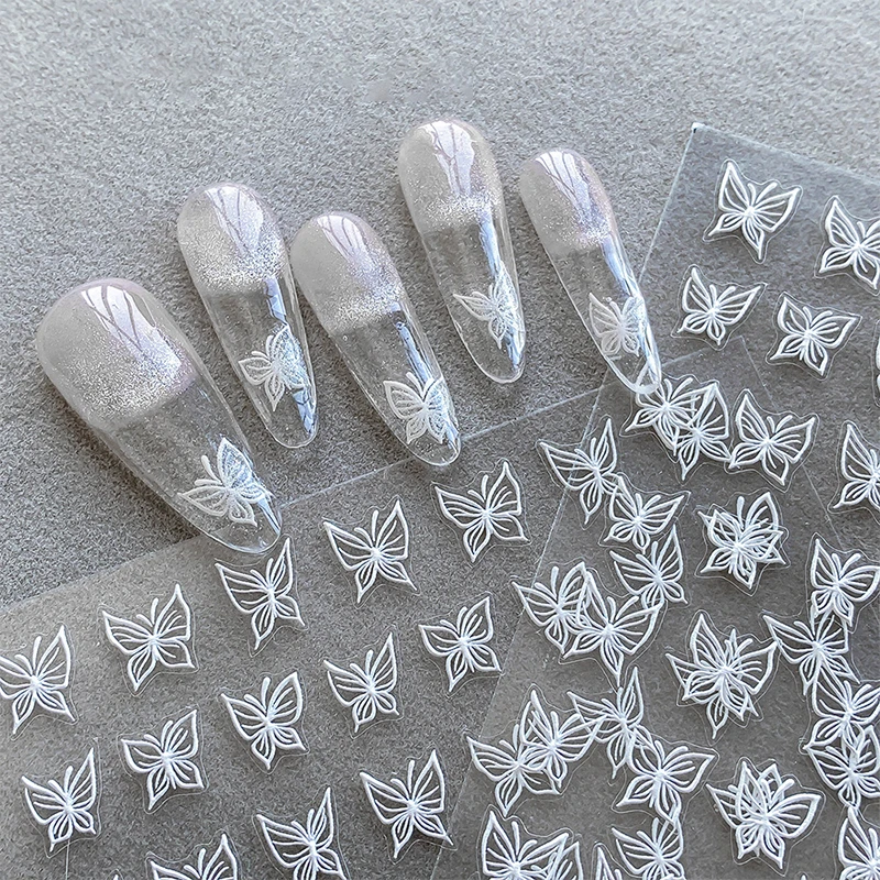 Autocollants 3D pour Ongles avec Coquille Brillante et Petit Papillon Blanc, Décalcomanies de Décoration pour Nail Art et Manucure à Faire Soi-Même