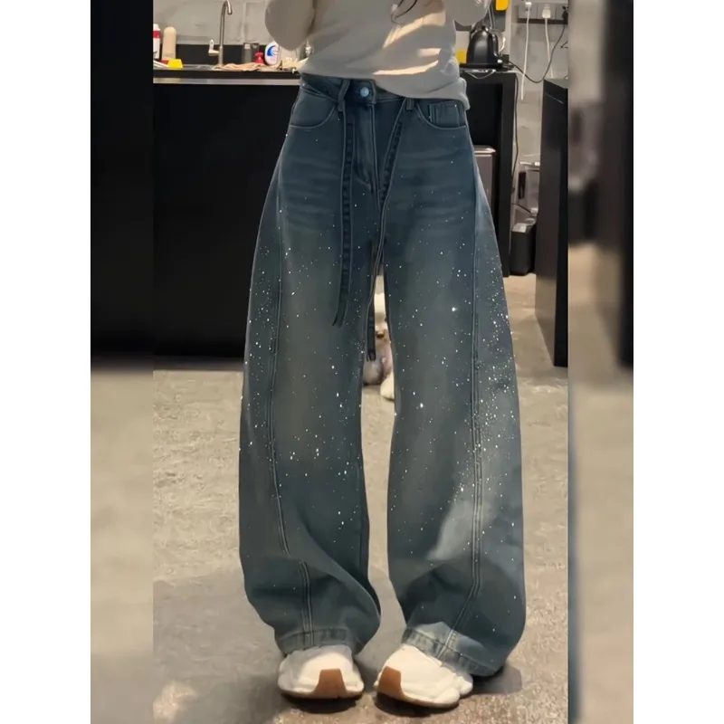Pantalon en jean vintage américain avec strass et empiècements pour femme, coupe ample et décontractée, en molleton, longueur au sol, printemps-automne