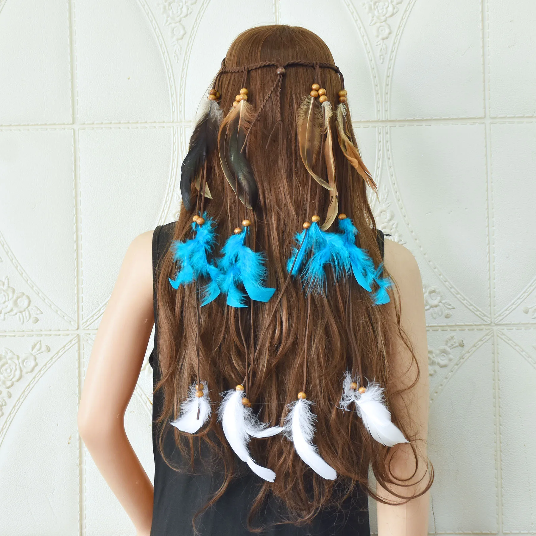 Bohemian Women Headband Retro Ethnic Style Blue Feather Tassel Hand Hoop Headdress Beaded Headwear Headbands Hair Accessories