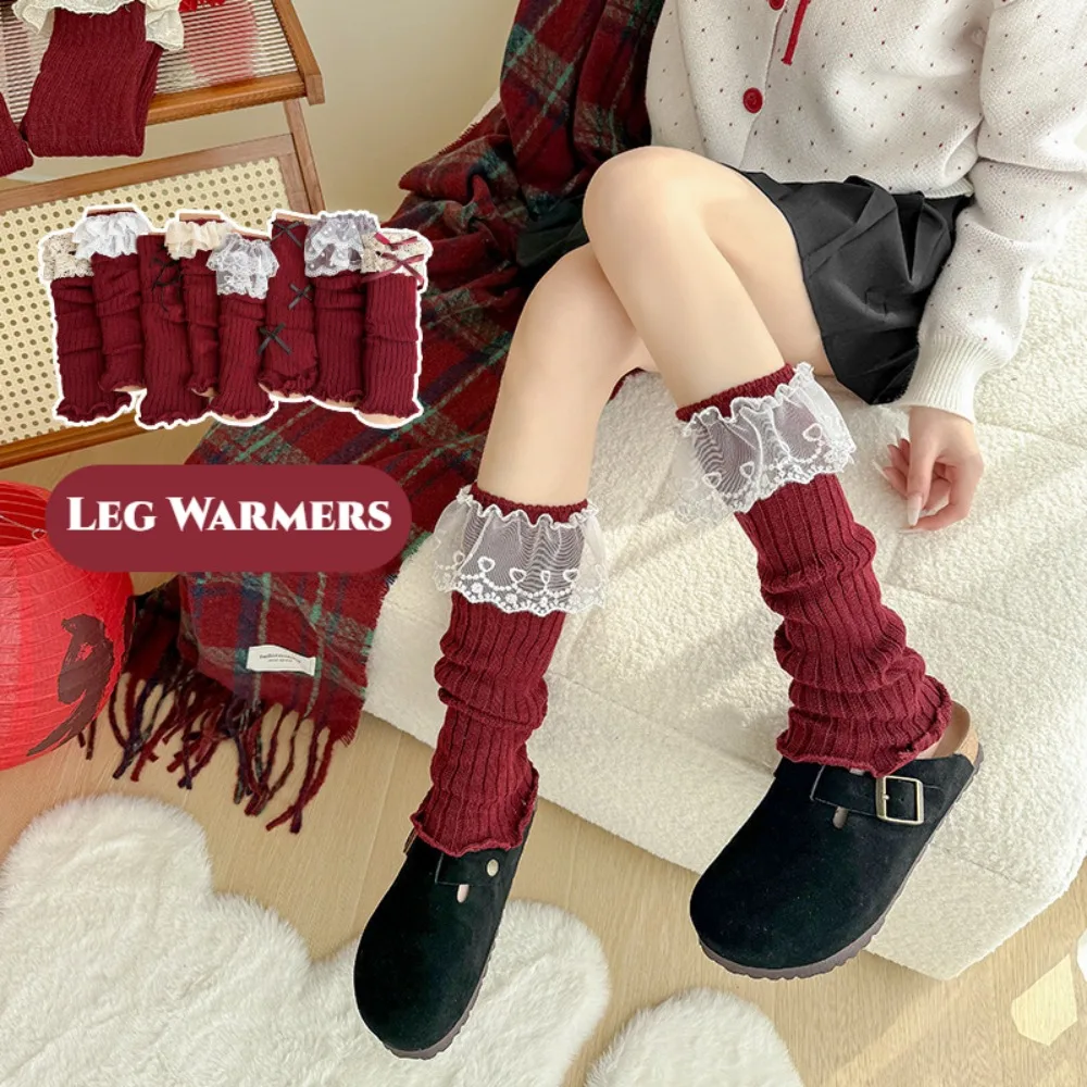 Rote Beinwärmer Damen Balletcore Harajuku Gestrickte Beinabdeckung Leggings Ärmelflorsocken Lange Röhrenstrümpfe Weihnachten