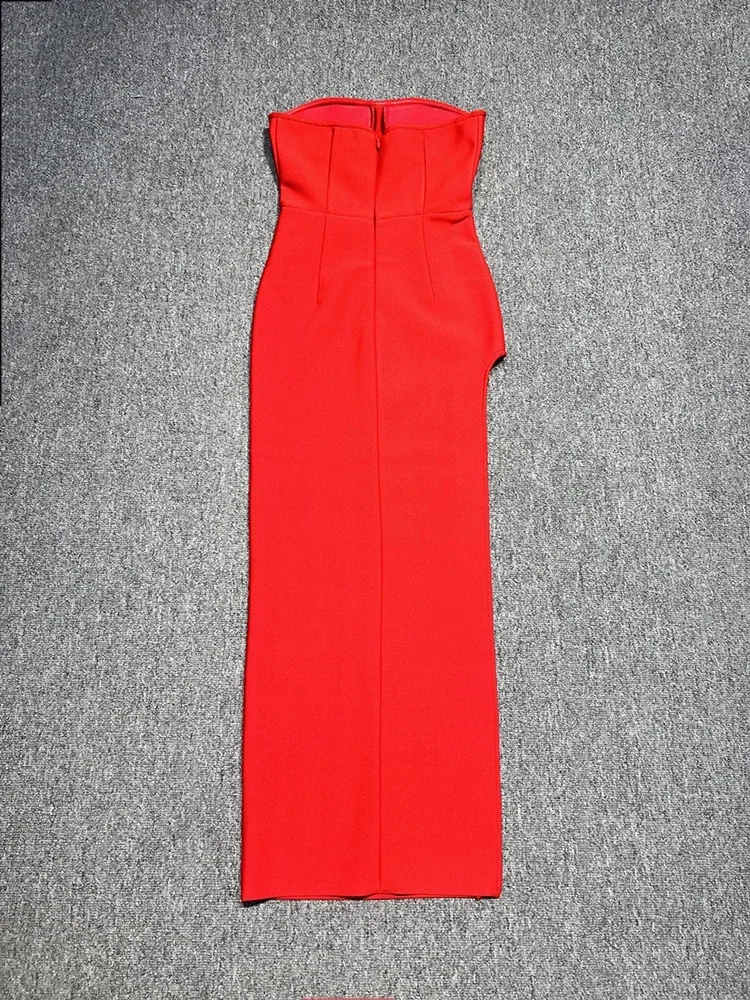 섹시한 빨간 Strapless 높은 분할 긴 붕대 드레스 여성 민소매 Backless Bodycon 드레스 우아한 저녁 파티 가운