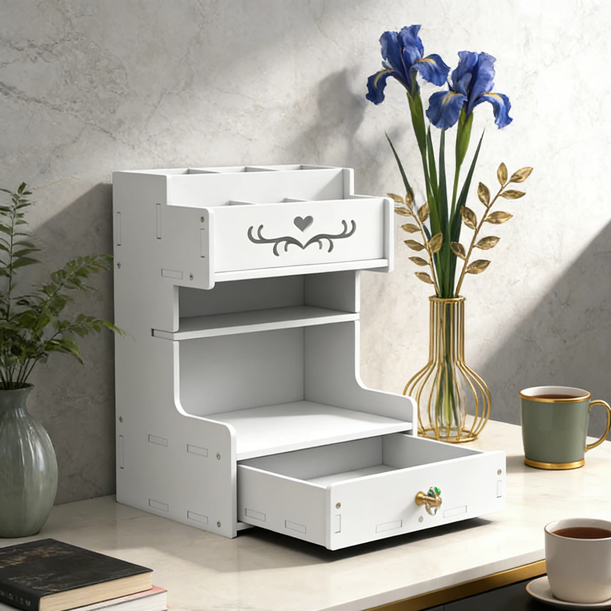 Multi-Compartment White Pen Holder, Desktop Organizer with Drawer for School, Home & Workspace