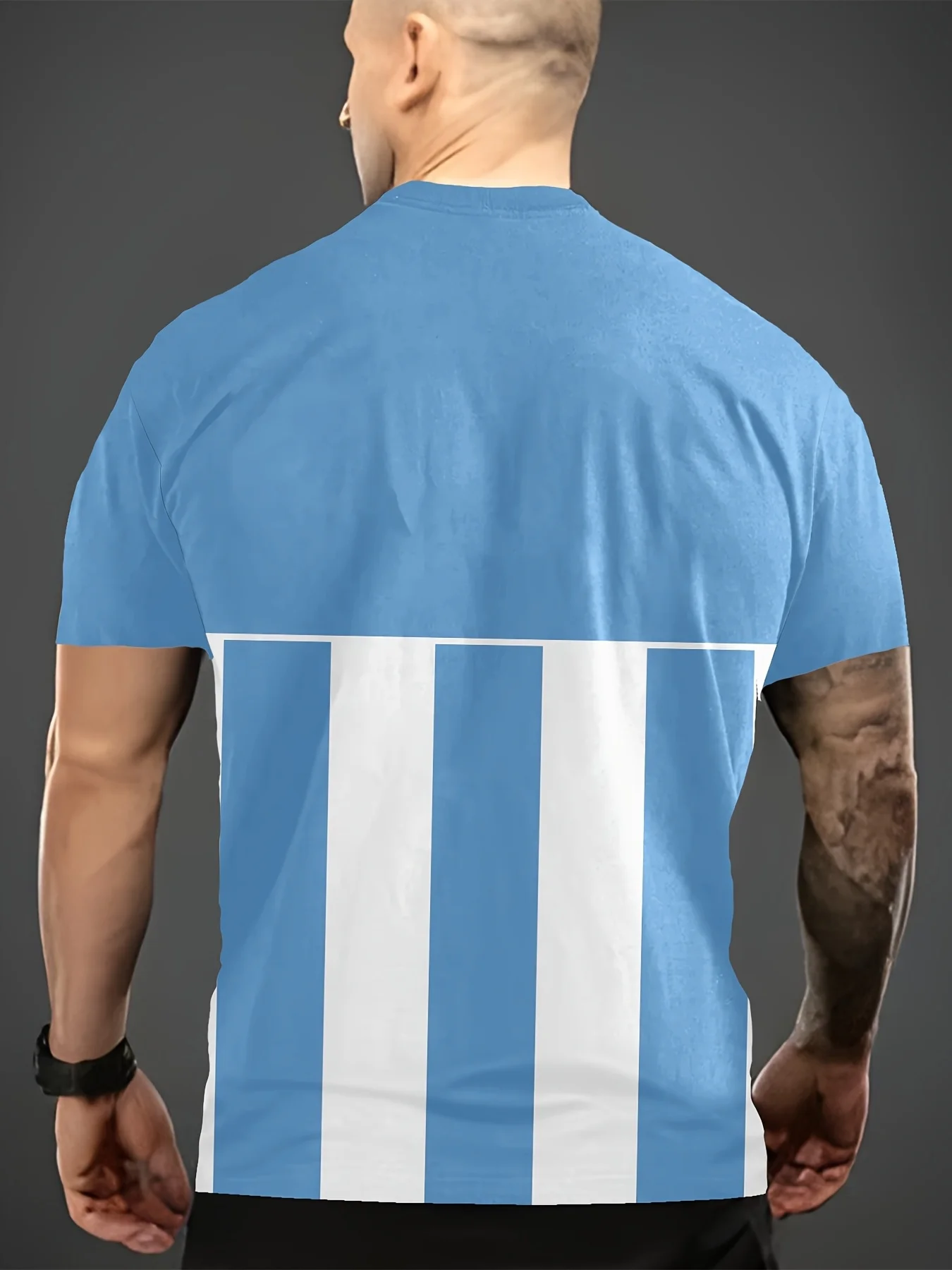 Three-Stars Commemorative T-Shirt Blue And White Striped Flag Print Summer Men'S Loose Breathable Short Sleeve