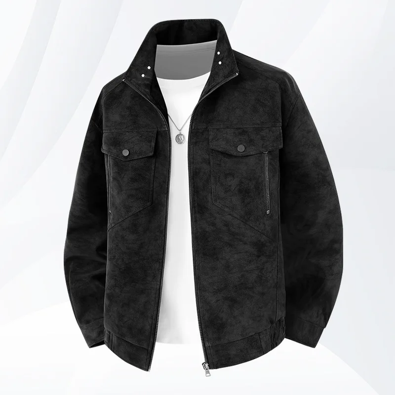 

2025 Autumn Men Leather Jacket Vintage Windproof Waterproof Man Outerwear Motorcycle Punk Stand Collar Long Sleeve Male Coat