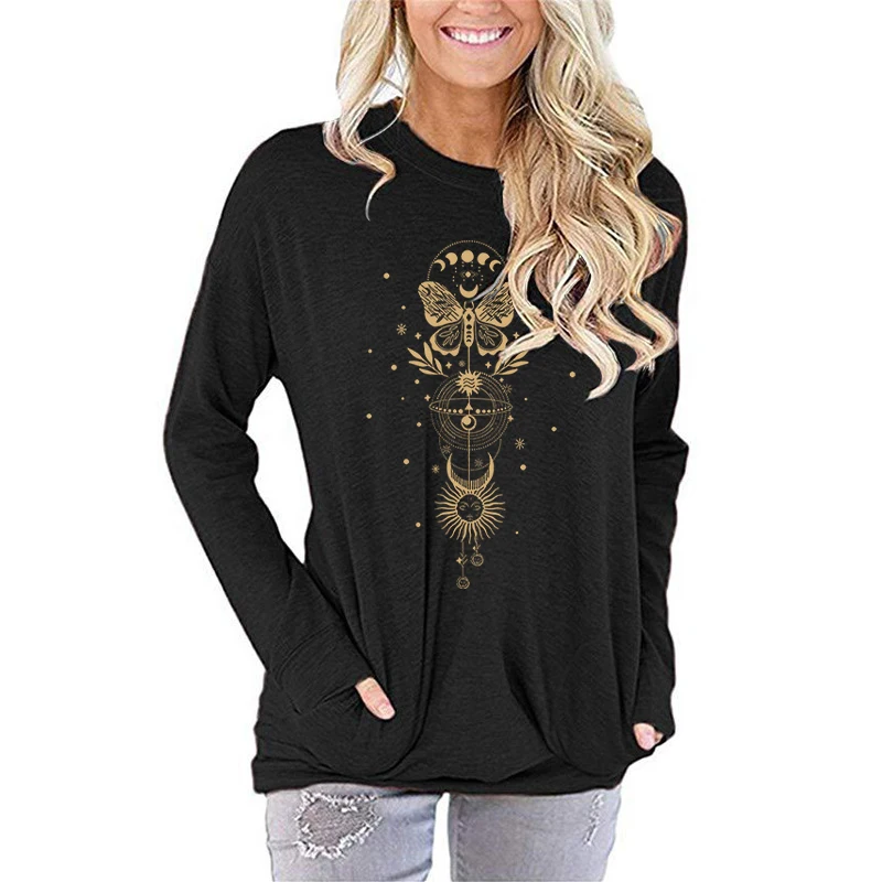 Butterfly Sun And Moon Print Pocket Long Sleeve T-shirts For Women Casual Loose Round Neck Sweatshirts Top Comfy S-XXL Pullovers