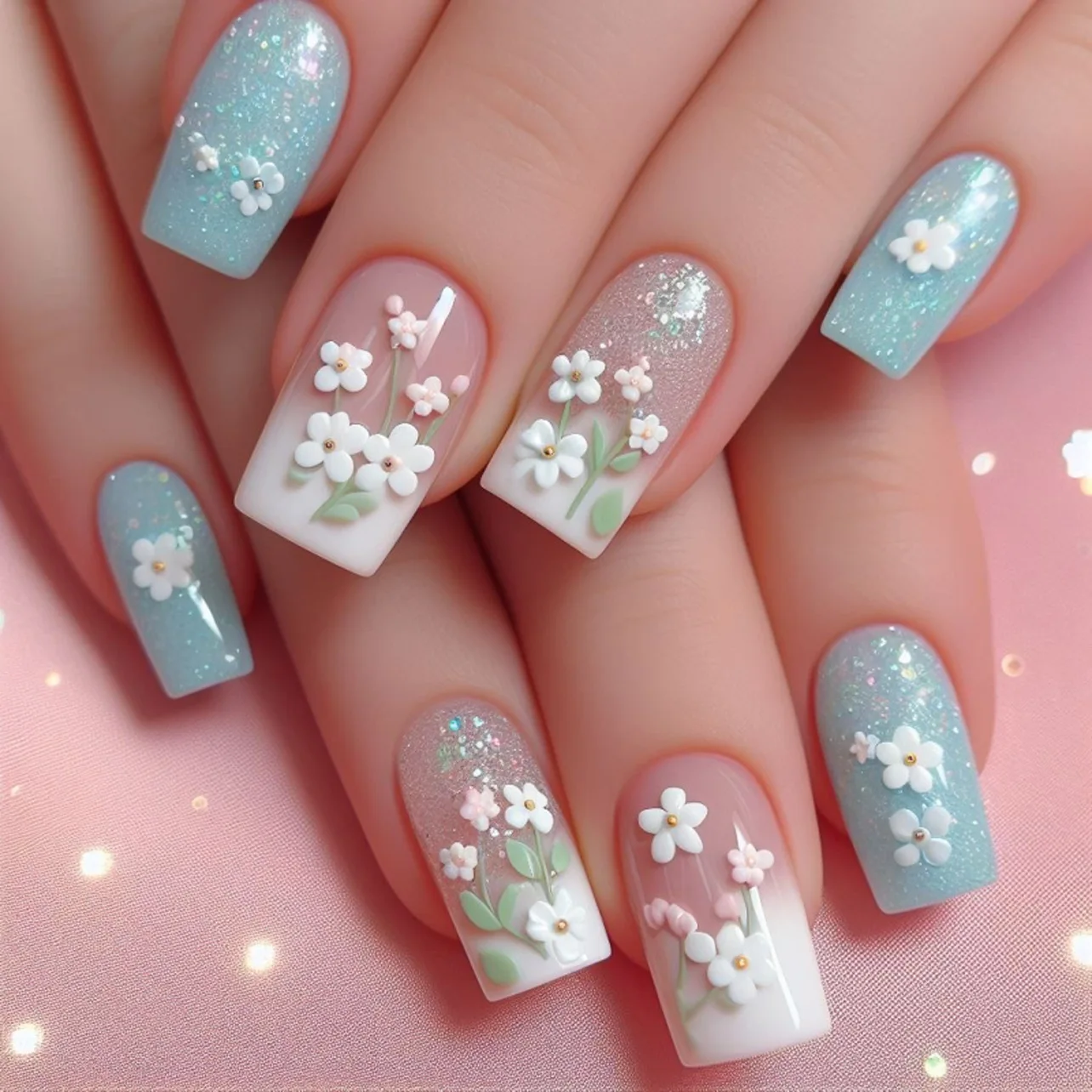 

24Pcs Mid-length Square Head False Nail White Gradient Shiny Powder Design Press on Fake Nails with Flower Pattern Manicure Tips