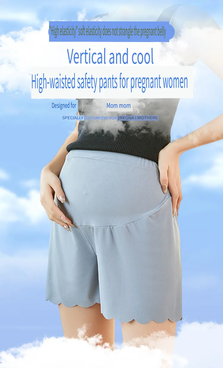 Weiche, kurze Umstandshose für schwangere Frauen, Sommer, hohe Taille, solide, atmungsaktiv, elastisch, sexy Mini-Caprihose, Schwangerschaft, Eisseide – Detail 5