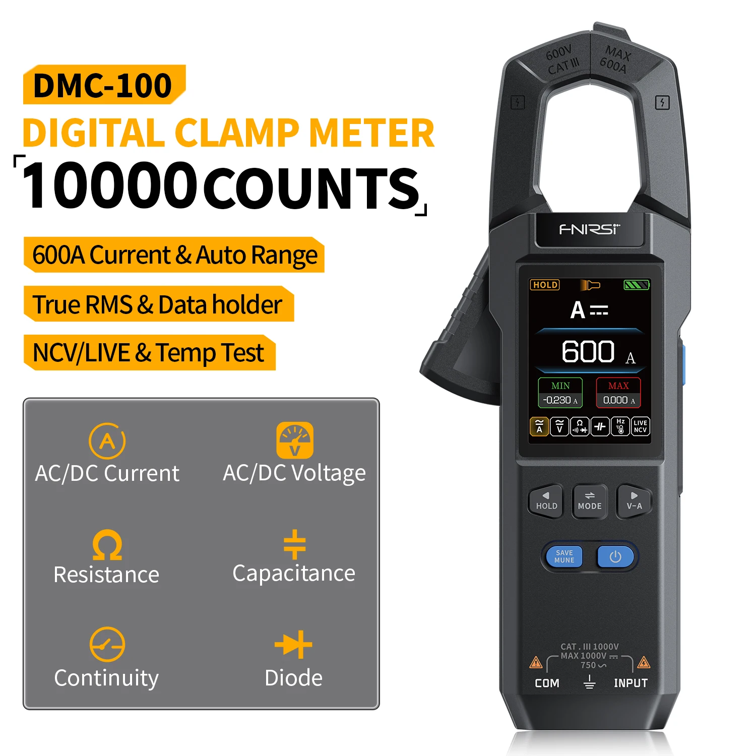 FNIRSI DMC-100 DC AC Current & Voltage Clamp Meter with USB Charger, 10000 Counts, 600A Amperimetric Clamp Tester and NCV - E