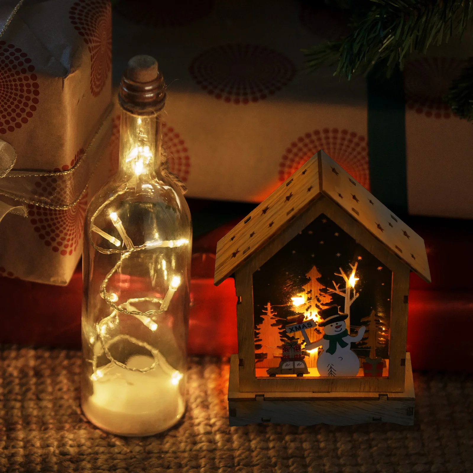 House Decorative Lights Ornament Xmas Adornment Wooden Miniture Decoration Christmas Scene