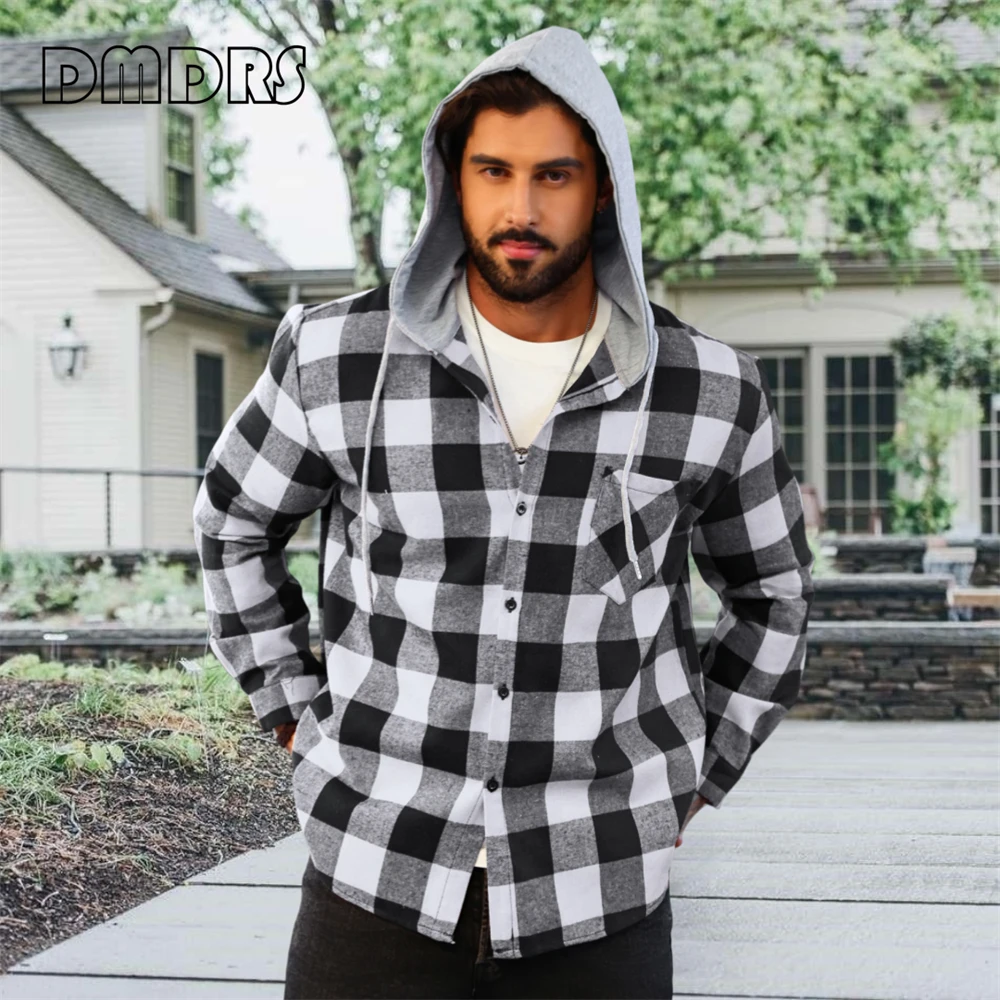 DMDRS - Men's Plaid Hoodie Shirt Jacket Long Sleeve Casual Flannel Button Shirts Autumn Plus Size Big Man Jacket Hot Dealing