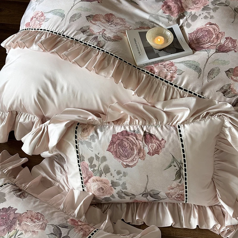 Vintage Elegant Flower Rose Ruffles Bedding Set Double Queen King Egyptian Cotton Home Textile Bed Sheet Pillowcases Duvet Cover