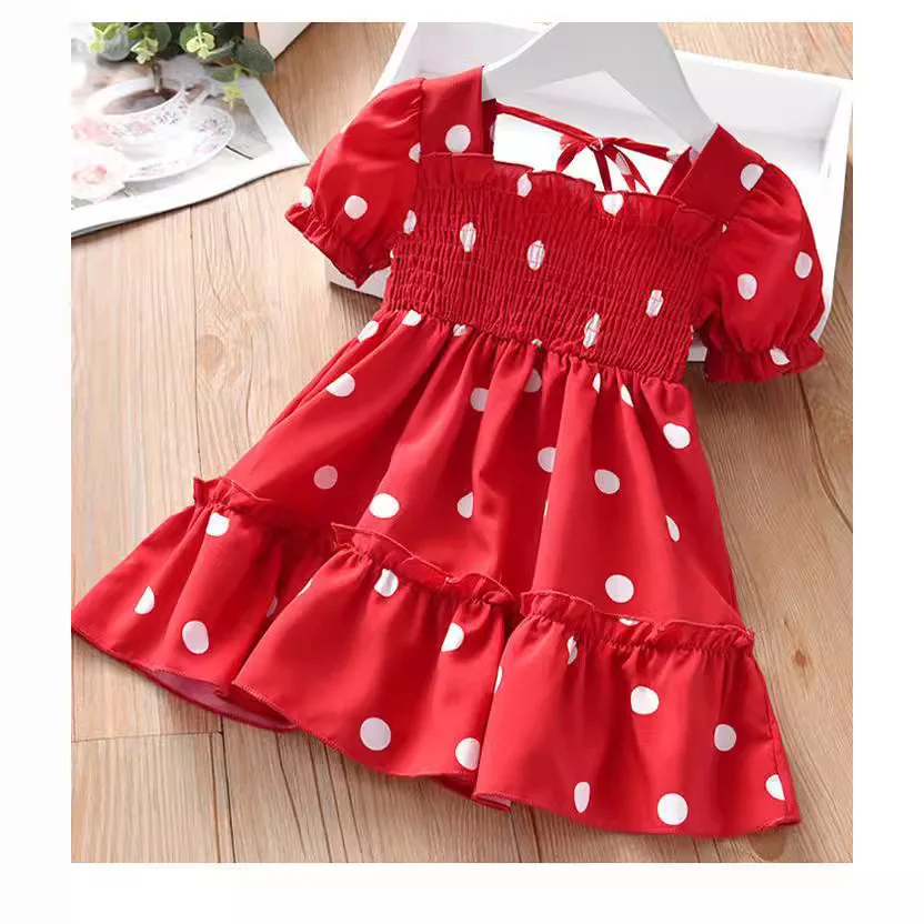 Short-sleeved Dress with a Polka Dot Print for Summer with a Small Square Neckline for Small Children and Girls