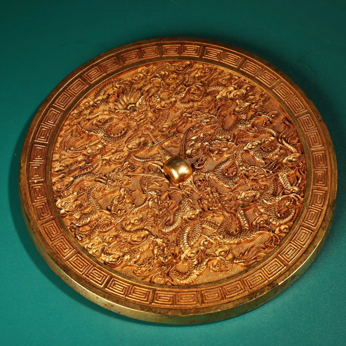 Xizang Folk Old Bronze Gilded Cinnabar Nine Dragons Mirror screen Amulet Dharam Worship Hall Town house