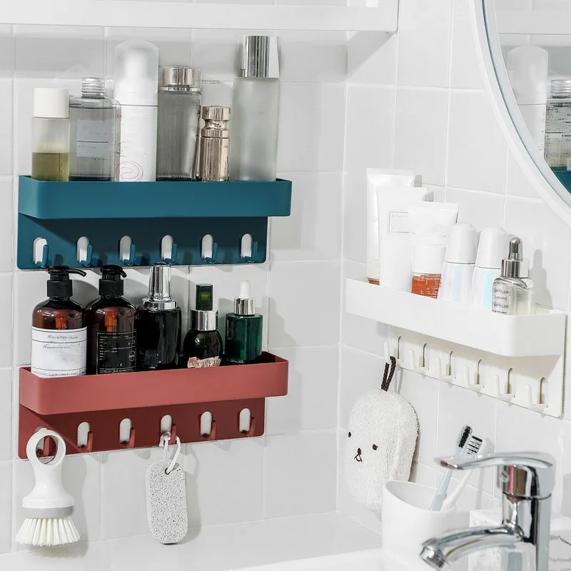 Multifunctional bathroom storage rack, kitchen rack, punch-free traceless rack with hooks Bathroom storage rack toilet wall