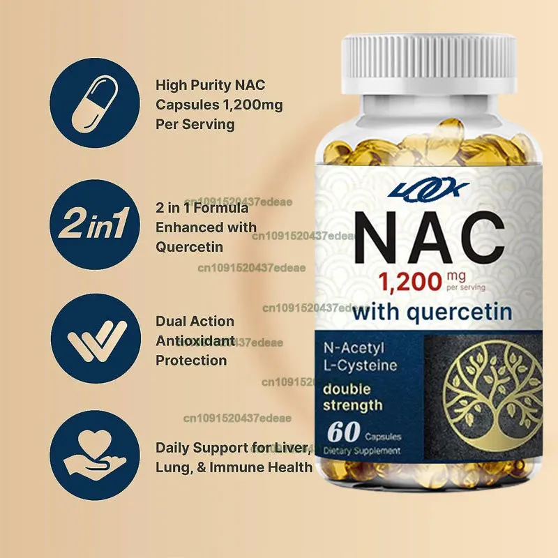 NAC supplement 1200mg 60 capsules, N-acetylcysteine containing quercetin dual strength - supports immune, liver, and lung health