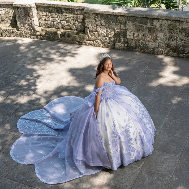 

Платье Quinceanera с открытыми плечами по индивидуальному заказу, блестки, кружевная аппликация, бусины, тюль, 3D цветок, бант, платья de 15, Quinceanera