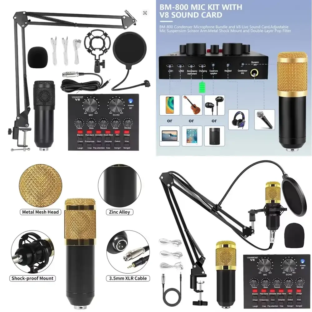 

BM800 V8 Sound Card Set Professional Audio Condenser Mic Studio Singing Microphone for Karaoke Podcast Recording Live