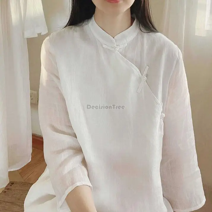 2023 Elegante Katoen Cheongsam Blouse Chinese Stijl Top Vrouwen Mid-Lengte Shirt Losse Zeven Punt Mouw Retro top Vrouwen S110