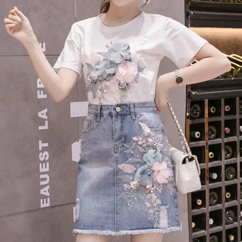 

Party Sequin Skirt Female Outfits Embroidered Kawaii Short Sleeve Mature Denim Women's Two Piece Set New in Matching Sets Jacket