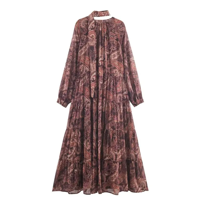 Vestidos Vintage florales con cuello Halter para mujer, vestido largo holgado con cuello en V y lazo frontal, vestidos largos bohemios elegantes para vacaciones en la playa