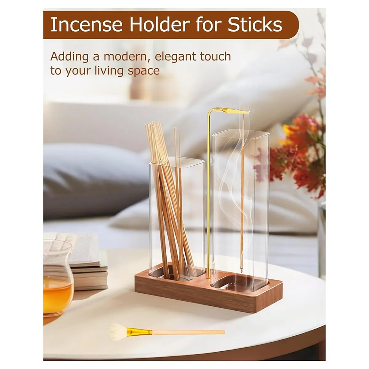 618 Mega Sale 2 in 1 Large Glass Incense Holder with Wooden Base, Ash Catcher & Storage for Home Decor