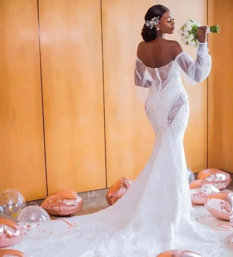 Vestidos de novia africanos personalizados con mangas y hombros descubiertos, vestidos de novia largos con ilusión Sexy y encaje