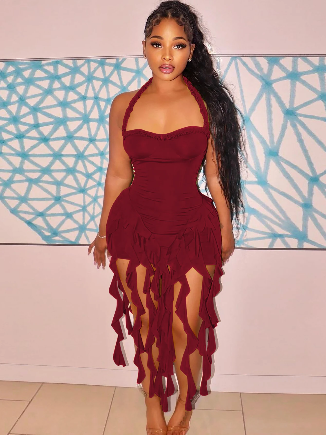 우아한 홀터 솔리드 프릴 백리스 Taseel 섹시 슬림 미니 드레스 봄 여성 귀여운 의상 생일 파티 휴가