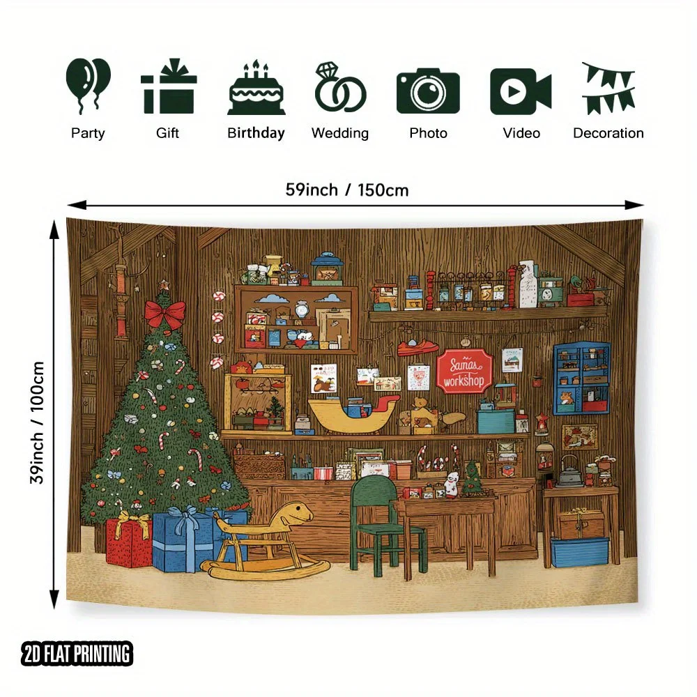 2D Flat,1pc Printed Tapestry, Christmas Toy Workshop with Tree and Gifts Pattern, Wall Decor, for Living Room,Bedroom