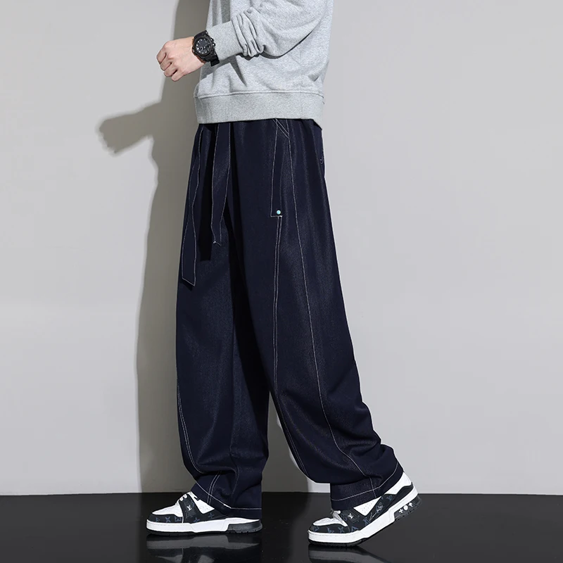 

2026 spring new style Men's straight leg casual pants wide leg pants men's black loose jeans Large size 8XL 9XL