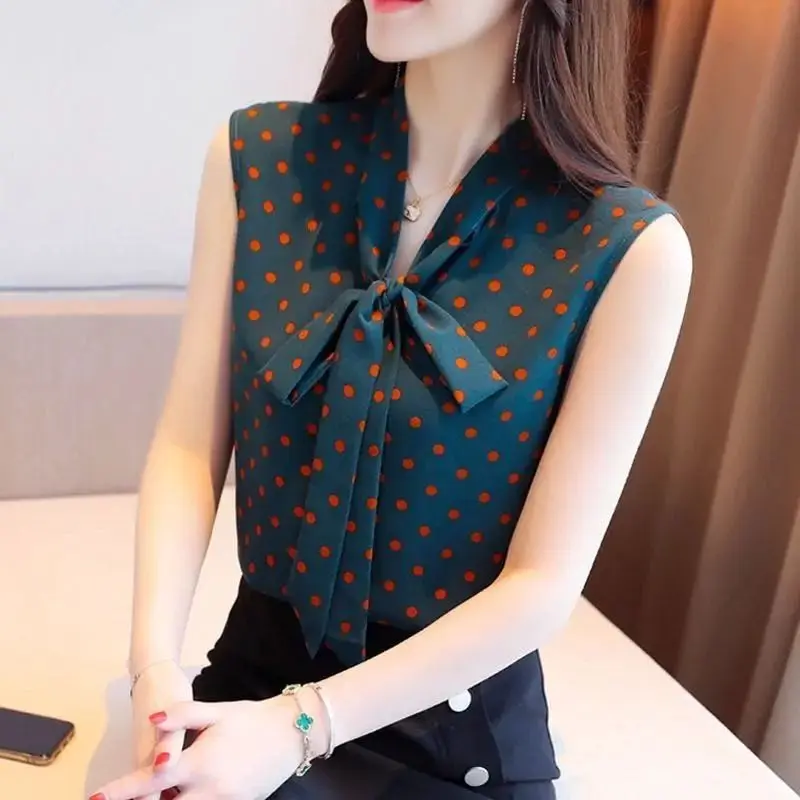 Women Clothes Summer Casual Fashion Simplicity Polka Dot Printing Sleeveless Shirts Women's Trend All-match Temperament Tops