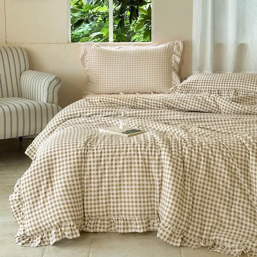 

Tan Ruffle Gingham Comforter Set King, PreWashed Ruffled Taupe Plaid Checked Comforter Bedding, 3 Pieces Vintage Farmhouse Grid