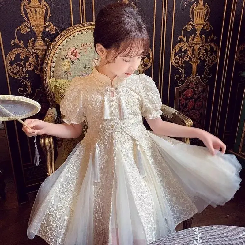 

Girls Dress Cheongsam Retro Improved Skirt Outer Wear Birthday Party Lace Puff Sleeve Princess Dress Outfit Children's Clothing