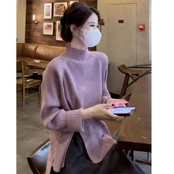 Purple Pit Stripe Half High Neck Knitted Sweater for Women's Autumn and Winter Fashion Style Hem Side Split Waist Slimming Top