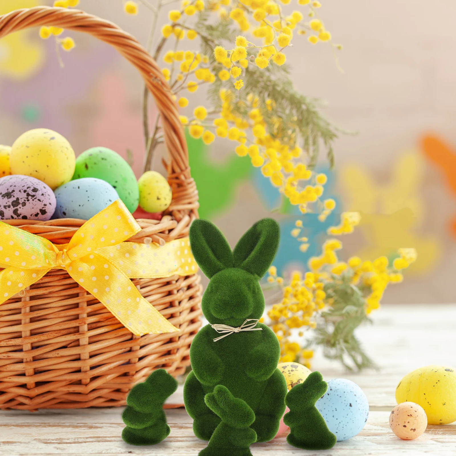 

4pcs Easter Bunny Decorations Flocked Rabbit Statue Artificial Grass Home Garden Cartoon Photo Props Miniature Models Resin