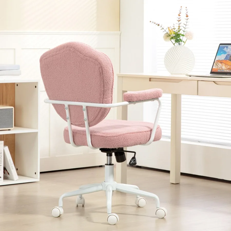 HOMCOM Cute Home Office Chair Computer Desk Chair with Button Tufted Teddy Bear Fleece Swivel Vanity Chair Pink