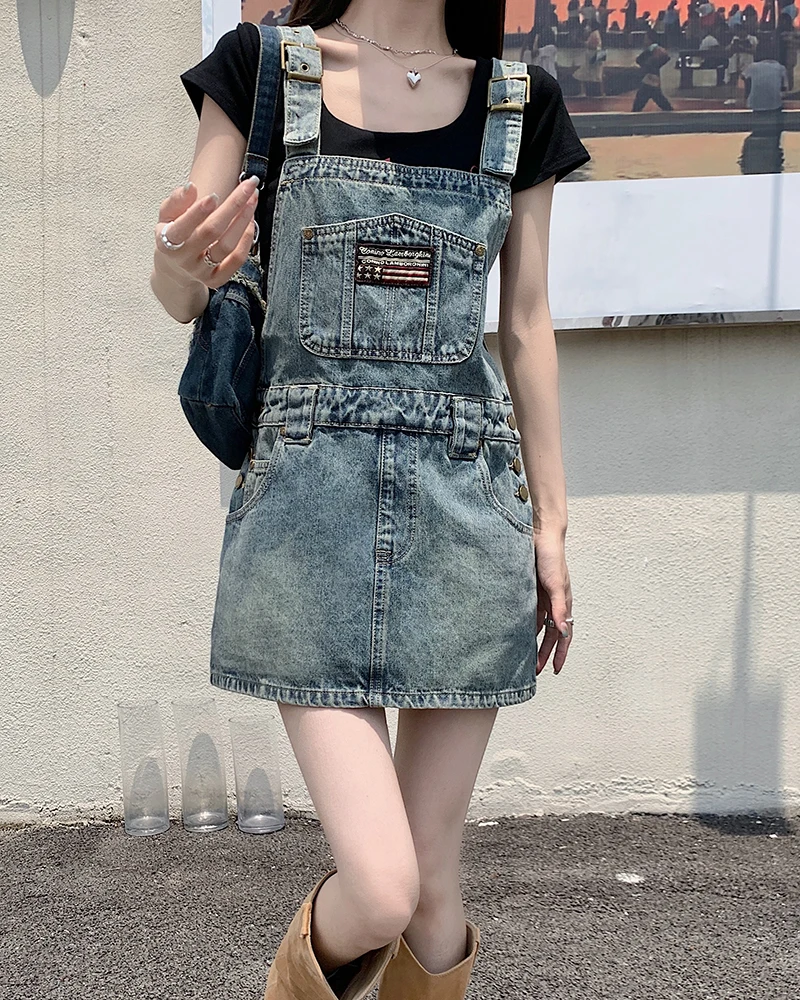 

American Retro Casual Temperament Simple Fashion 2023 New Summersection Slimming Sweet Loose Young Trend Strap Denim Dress Z472