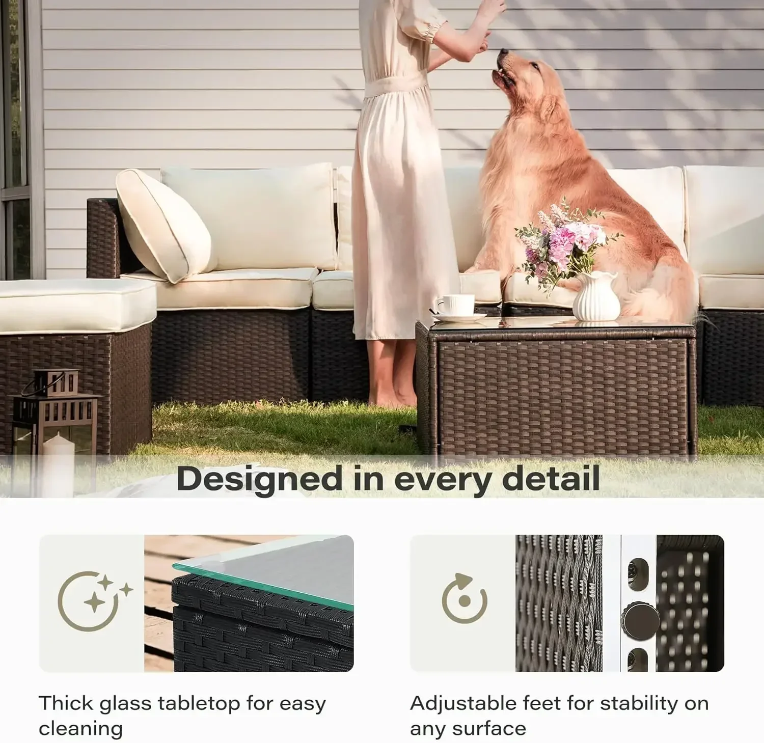 （XMSJ-Hot）7-Piece Patio Furniture Set, PE Rattan Outdoor   All Weather  Sectional Conversation Sets with 6