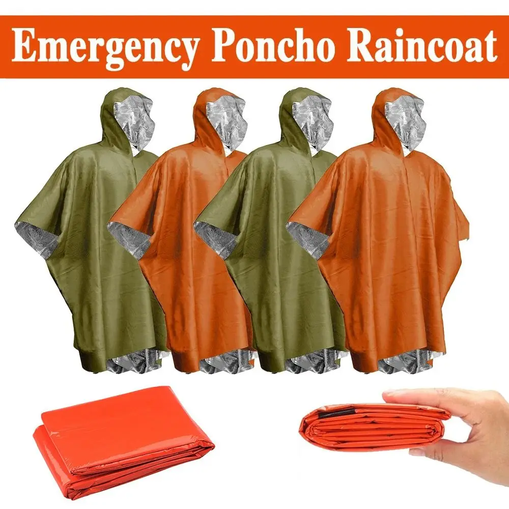 Outdoor Emergency Raincoat Hooded Sleeve Waterproof Heat Reflective Rain Poncho Rain Cover Camping Hiking Travel Tent Rainwear