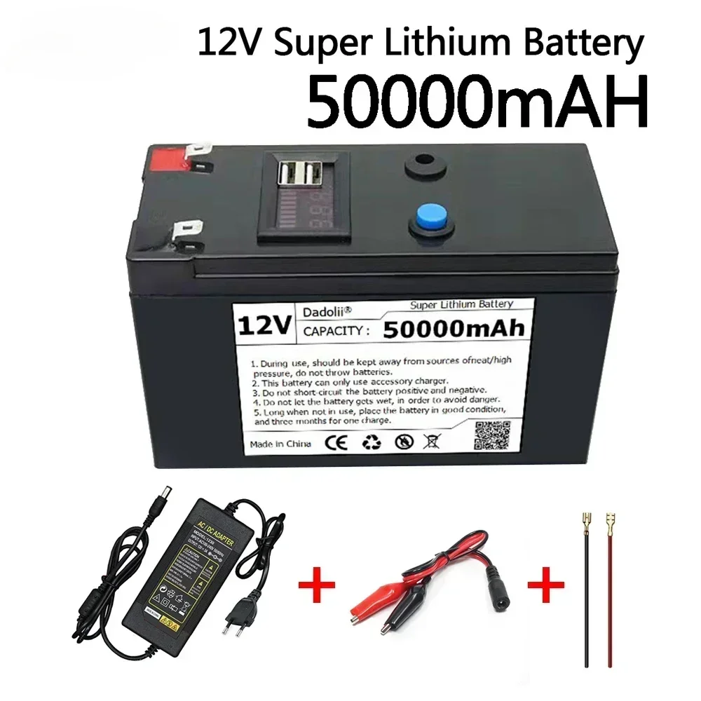 Batería de litio de 12V, 50Ah, 18650, batería recargable para batería de vehículo eléctrico de energía solar + cargador de 12,6 v3A