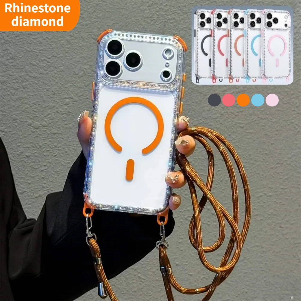 

Adjustable Lanyard Rhinestone Diamond Magneitc Case for IPhone Air 16 Plus 17 Pro Max for MagSafe Wireless Charging Clear Funda