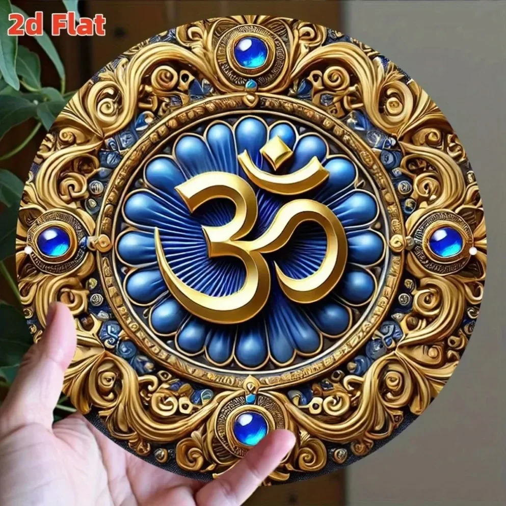 Goldenes Om-Symbol Metallschild, 2D Flachdruck Hindu Aum Mandala Wandkunst-Plakette, Blaues Edelstein-Yoga-Meditations-Wohndekor Blechschild