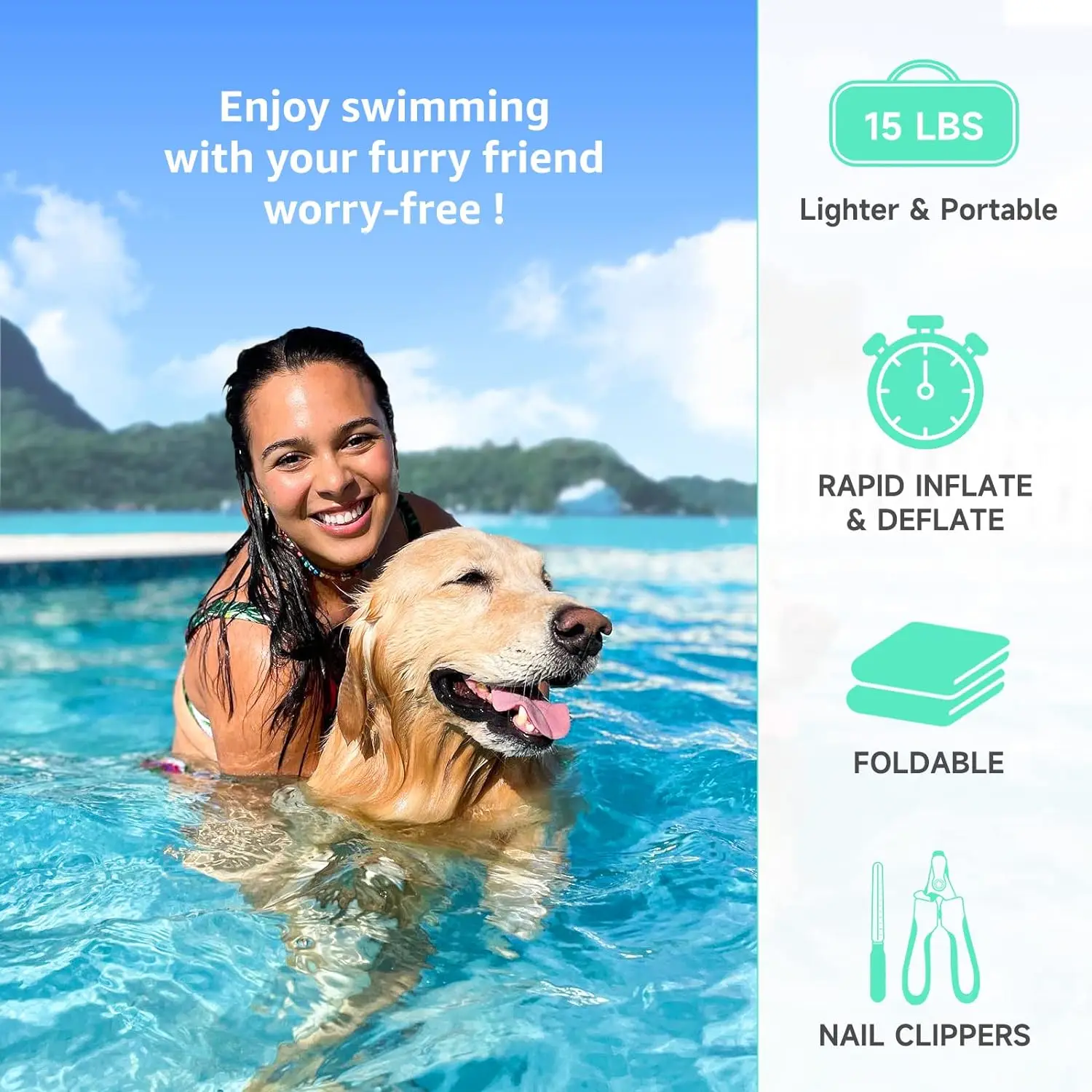 大型犬用インフレータブルウォーターランプフロート、安全で簡単、最大210ポンドの犬をサポート、プール、ドック、湖に最適